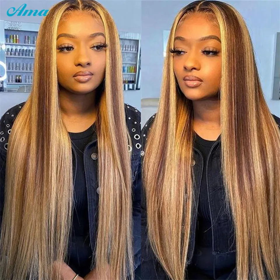 Ombre Highlight Straight Menselijk Haar Pruiken Middendeel, Honing Blonde Bruin Diepe Delen Remy Haar Pruik voor Black Women 150% Dichtheid 22 inch