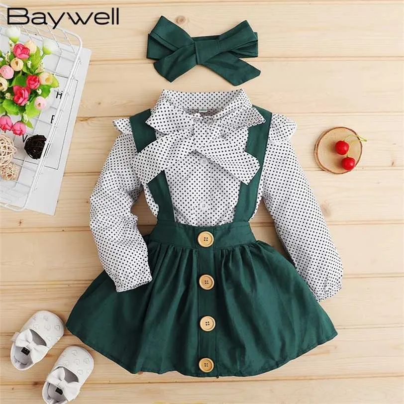 Baywell toddler tjejer kläder kostym vårhöst långärmad polka-dot utskrift topp + solid färg suspender kjol hårband 211224