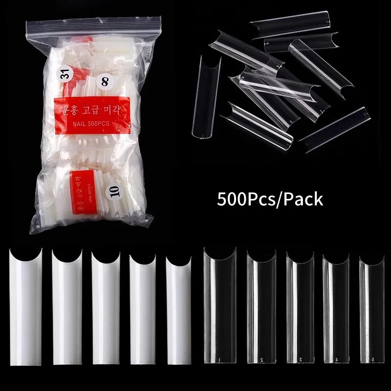 2022 Fashion 500pcs/Bag Long Square False Nail Tips Clear/Natural C Curve Artificial Half Cover DIY Acrylic Fake Nails Art Salon Manicure Designs Lady Fingernail