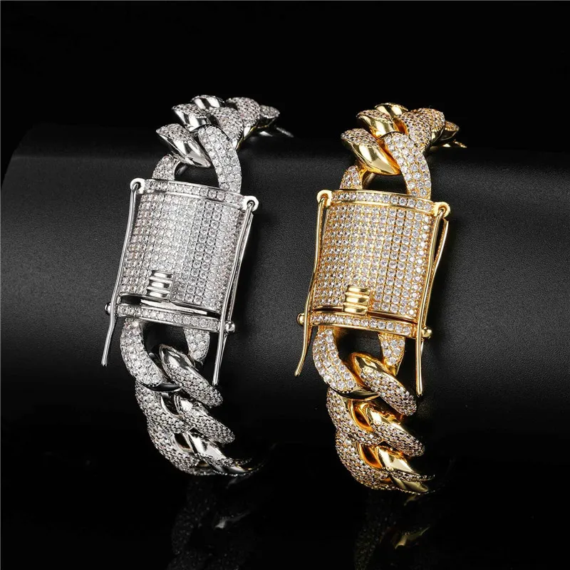16mm 7/8inch Gold Plated Bling Diamond Stone CZ Cuban Bracelet Chain for Men Women Hip Hop Jewelry Wholesale
