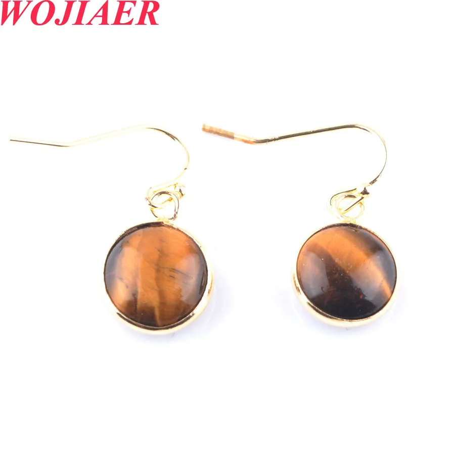 WOJIAER Vintage Dangle Hook Earrings Round Natural Stone Tiger eye Bead Pendant Gold Color Copper Drop Earring Women Jewellery BO900