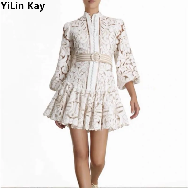 YiLin Kay Self-Portrait Runway Water Soluble Lace Dress Hollow-out embroidered bubble sleeves Party Dresses vestidos F1202