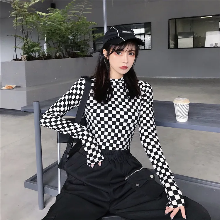 black and white checkered long sleeve top