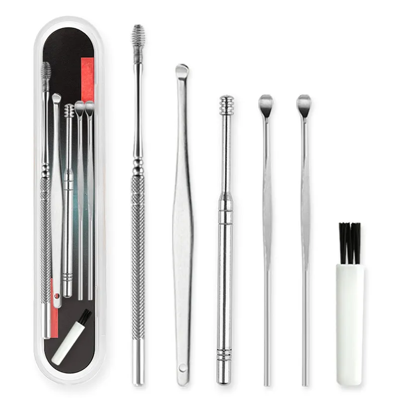 6 stks / set oor wax pickers roestvrij staal oorpick wax remover curette oor pick cleaner oor cleaner lepel zorg schone tool