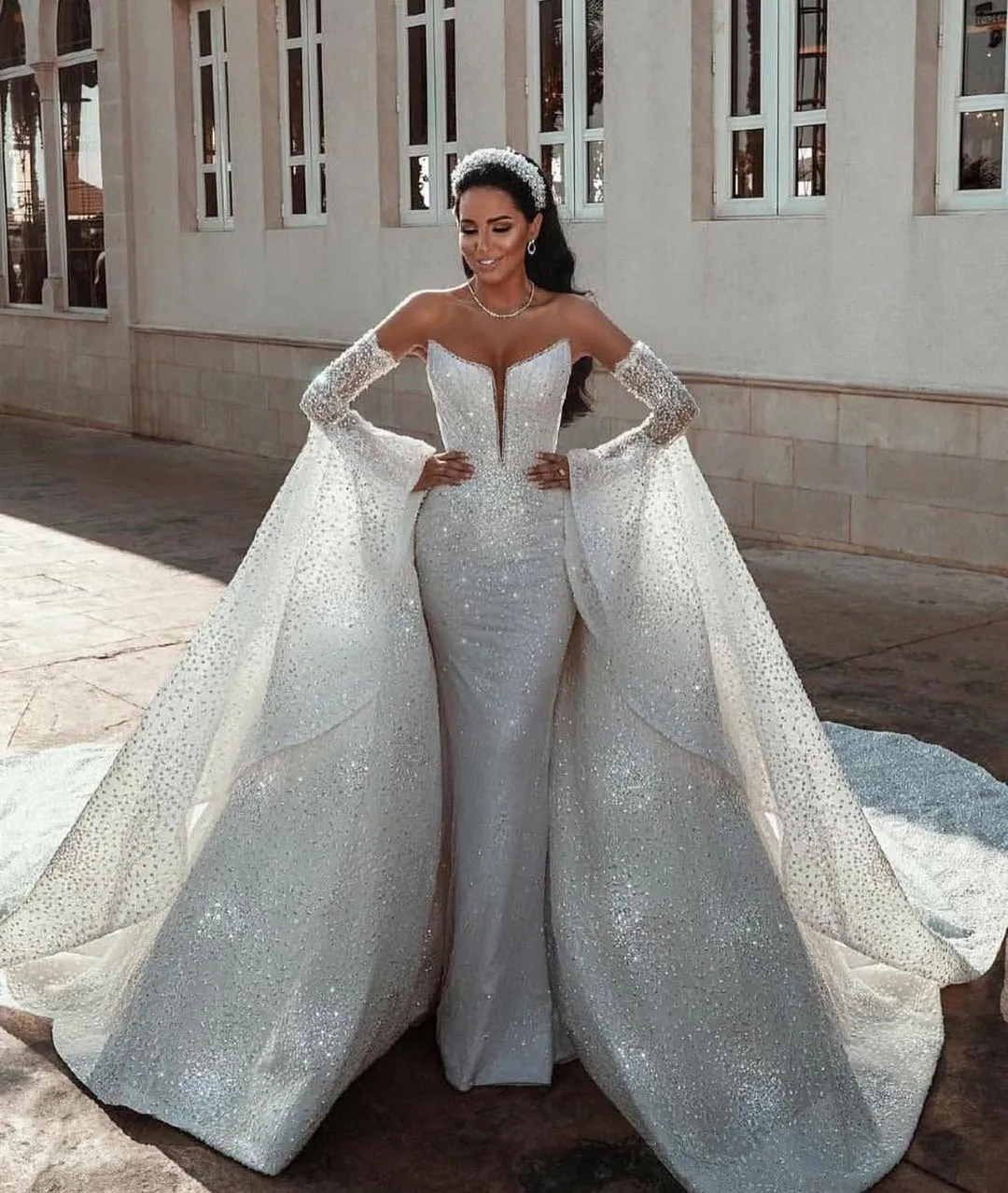 Exquisite Beaded Wedding Gown Strapless Satin Bridal Dress with Detachable Train