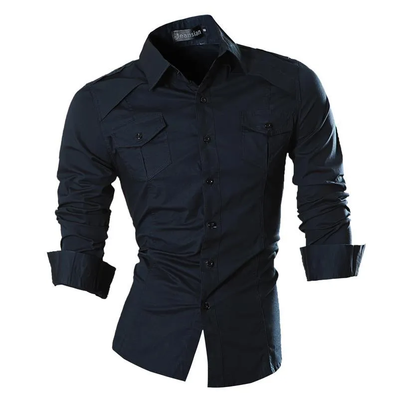 mens shirts Jeansian Men's Fashion Casual Shirt Button Down Long Sleeve Slim Fit Designer 8001 Navy