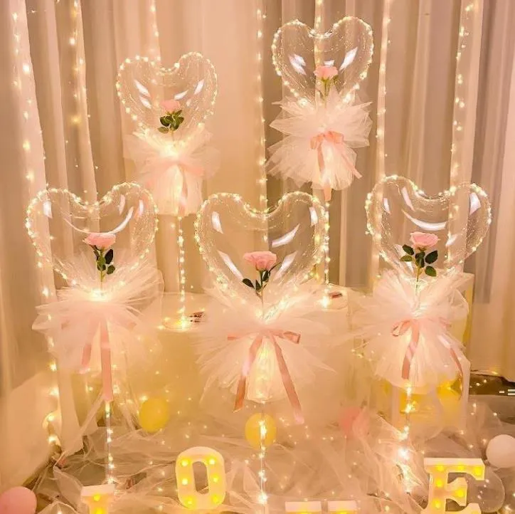 Party Decoration Led Bobo Ballon Knippert Licht Hartvormige Rose Bloem Bal Transparante Ballonnen Bruiloft Valentijnsdag Gift GWF141