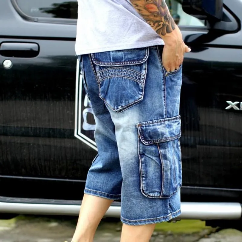 Jeans pour hommes Marque Hommes Grande Taille Lâche Baggy Court Pour Hommes Hip Hop Denim Pantalon Rock Bleu Poche Pantalon Cargo Droit Man1272T