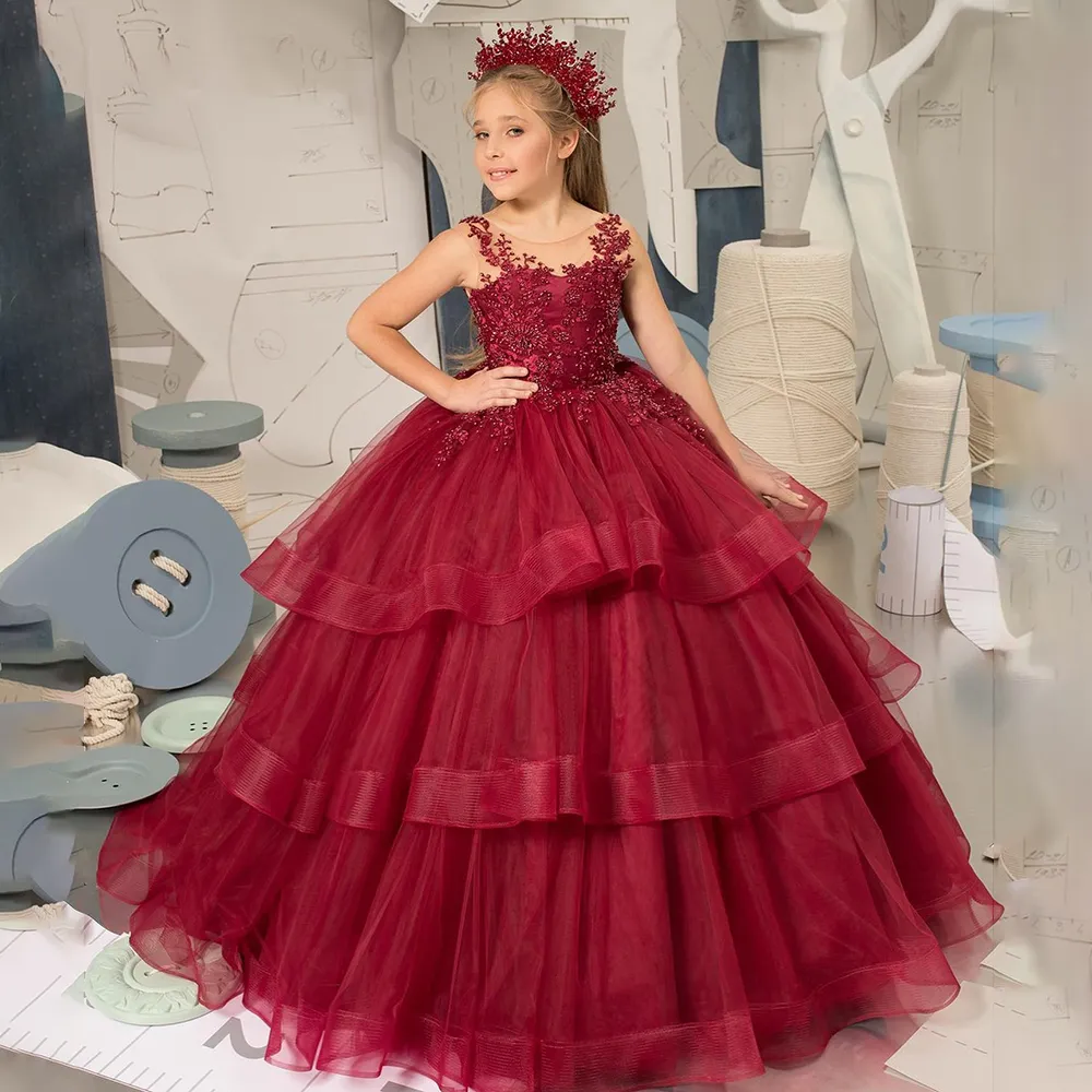 Burgunderrote Rüschen Blumenmädchenkleider Perlenballkleid Kindergeburtstag Partykleid Tier Tüll Spitze Applikationen Kind Kommunionkleid