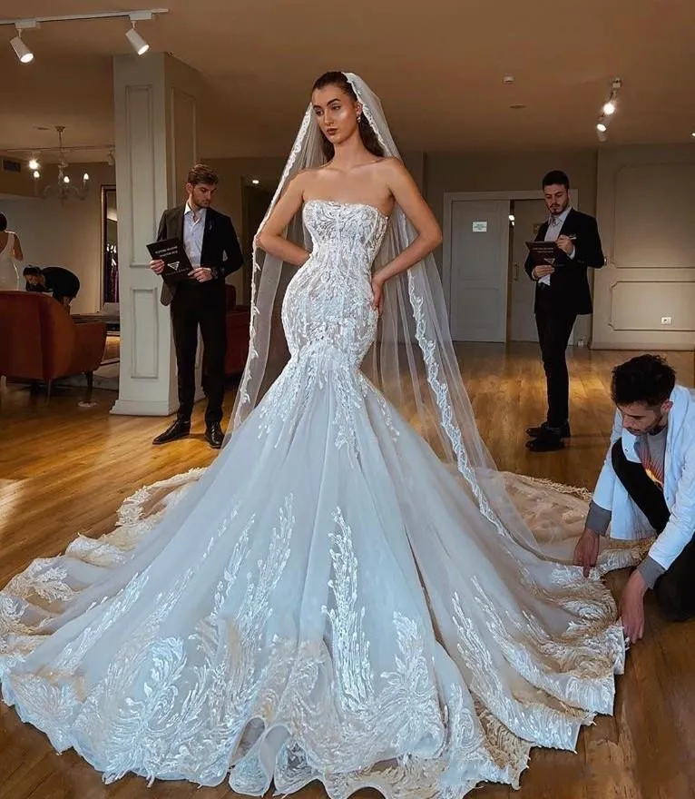 chinese dress ladies Beaded Floral Lace Mermaid Wedding Dress with Corset Bodice – ML102B –  Viniodress main image 0