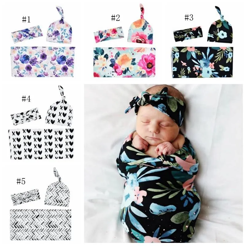 Baby Printed Wrapper Set Floral Bedding Kläder Nyfödd Swaddling Blanket Headband Hat 3pcs Sätter Infant Photography Props 5 Design