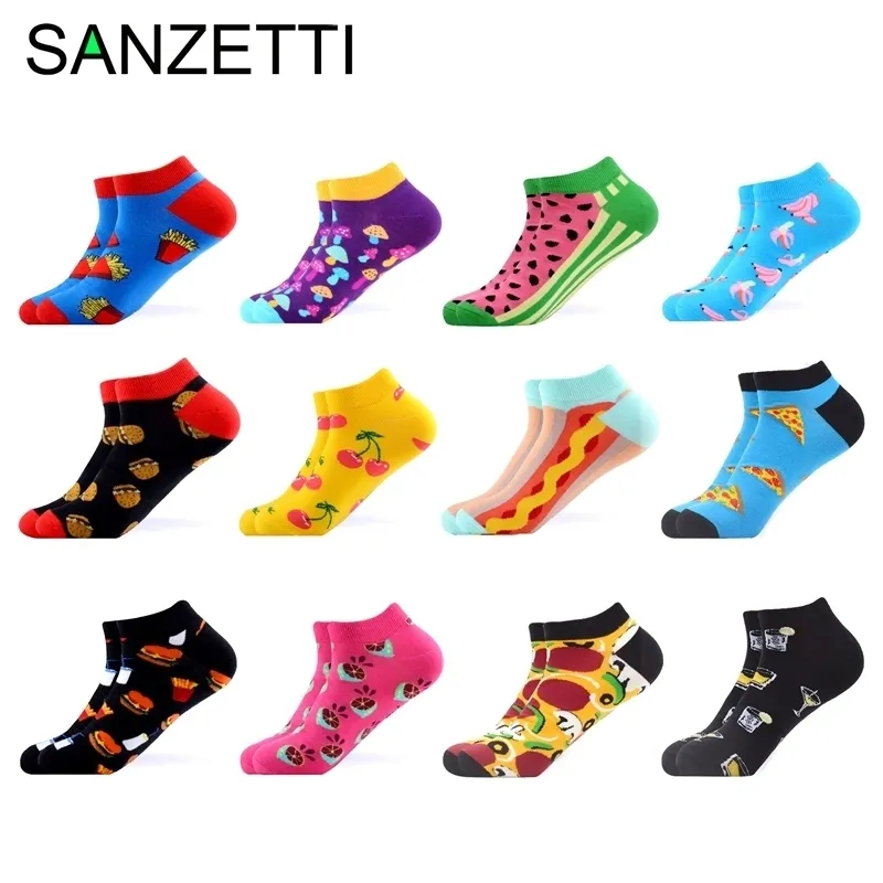 Sanzetti 12 زوج / وحدة الصيف المرأة عارضة الجدة الملونة مشطبة القطن الكاحل الجوارب المتناثرة سعيد الجوارب قصيرة منقوشة تميل الجوارب 201109