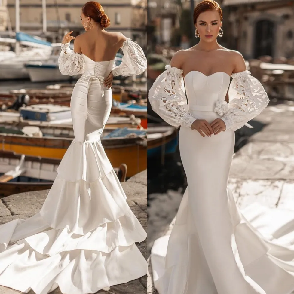 Moda Mermaid Gelinlik Ayrılabilir Dantel Uzun Kollu Tatlım Boyun Gelin Törenlerinde Katmanlı Sweep Tren Saten Robe De Mariée