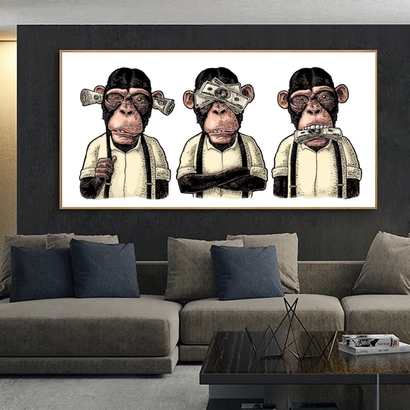 Animal Posters and Prints Abstract Three Monkeys Gorilla with Money Art Canvas Painting Wall Pictures for Living Room Home Decor