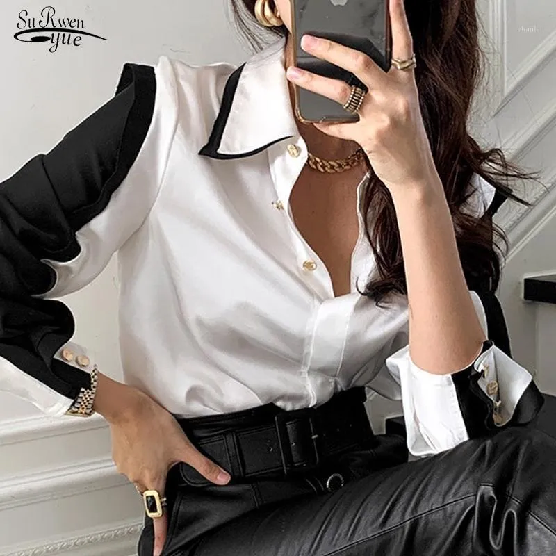 Nieuwe Mode Satijn Zijde Dames Shirts Office Lady Button Turn Down Collar Blouse Dames Witte Lange Mouw Vrouwelijke Kleding 127241