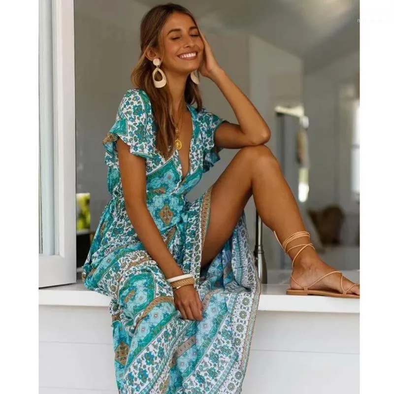 Hipis 2020 Sexy Drukowane Lato Maxi Dress Deep V Neck Krótki Rękaw Vintage Vestido Beach Boho Casual Odzież Długie Kobiety Dresses1