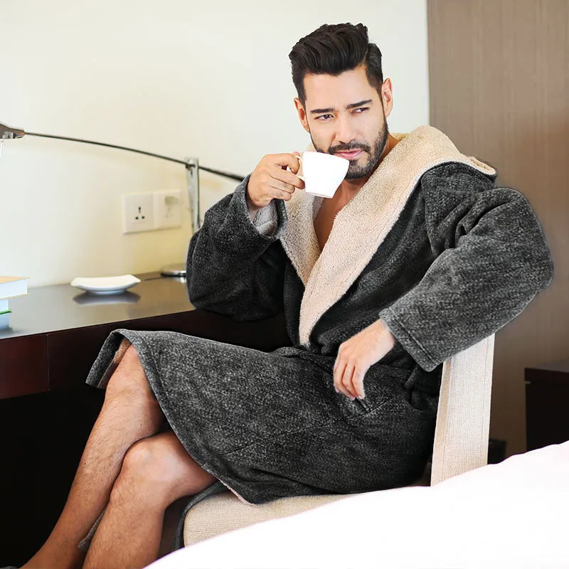 Mens Plus Size Hooded Flannel Bathrobe Winter Comfort Gray Long