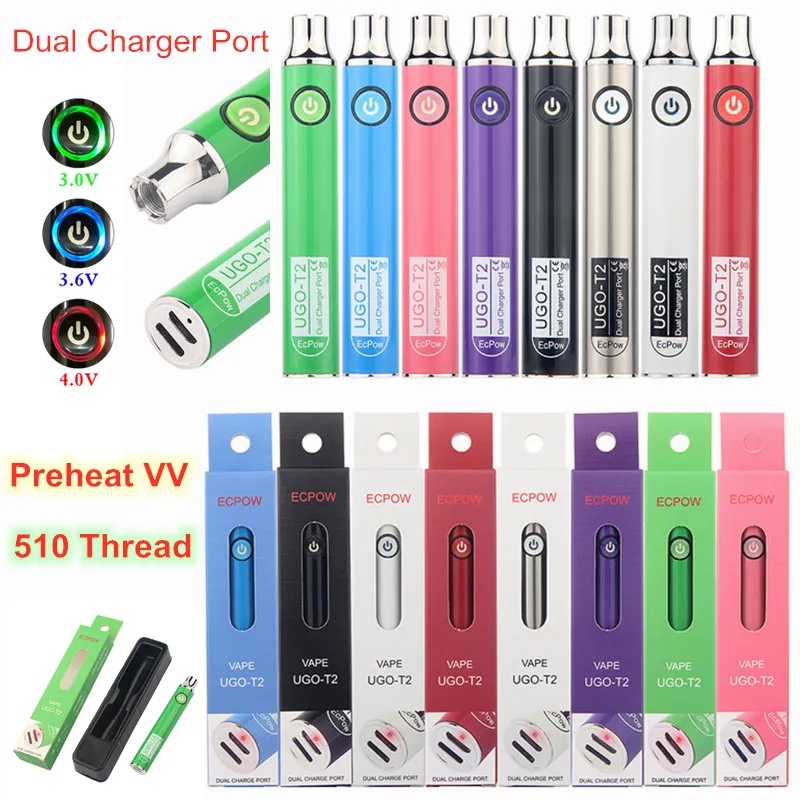 Batteries de préchauffage d'origine UGO-T2 Double port de chargeur Rechargeable E Cigarette Tension variable Vape Pen 510 Fil pour cartouches d'huile épaisses