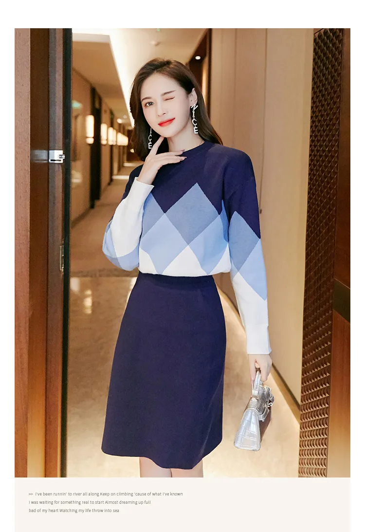 2021 Een Lijn Koreaanse Herfst Vrouwen Geometrie Trui Lange Mouw Gebreide Trui Bodycon Midi Rok Set Vrouwen Jurken Tweedelige outfits