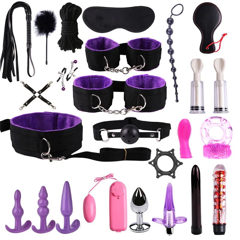 Dildo Vibrator Anal Plugs Handcuffs Whip Nipples Clip Blindfold Breast Pump BDSM Games Adult Sex Toys Kit For Couples kit casal Y201118