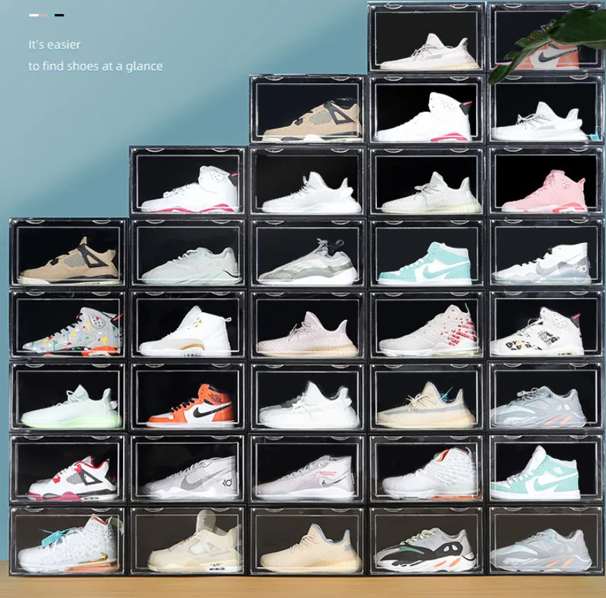 Magnet Design BIG SIZE Transparent Plastic Shoe Box AJ Sneakers Dustproof Shoe Storage Box Flip Shoe Boxes Stackable Shoes Organizer Box