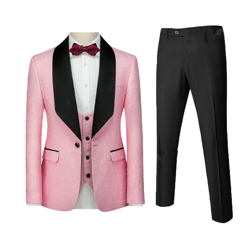 Pink Mens Suits 3 Pieces Floral Jacquard Black Shawl Lapel Groomsmen Tuxedos For Wedding Suits Men Blazer Vest Pants217Q