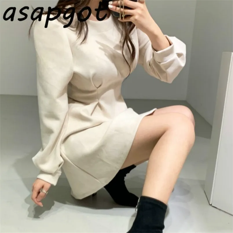 Asapgot Kore Chic Sonbahar Kış Vintage Ince Bir Çizgi Yüksek Bel Uzun Puf Kollu Elbise Mini Gevşek Rahat Vestido de Mulher 211221