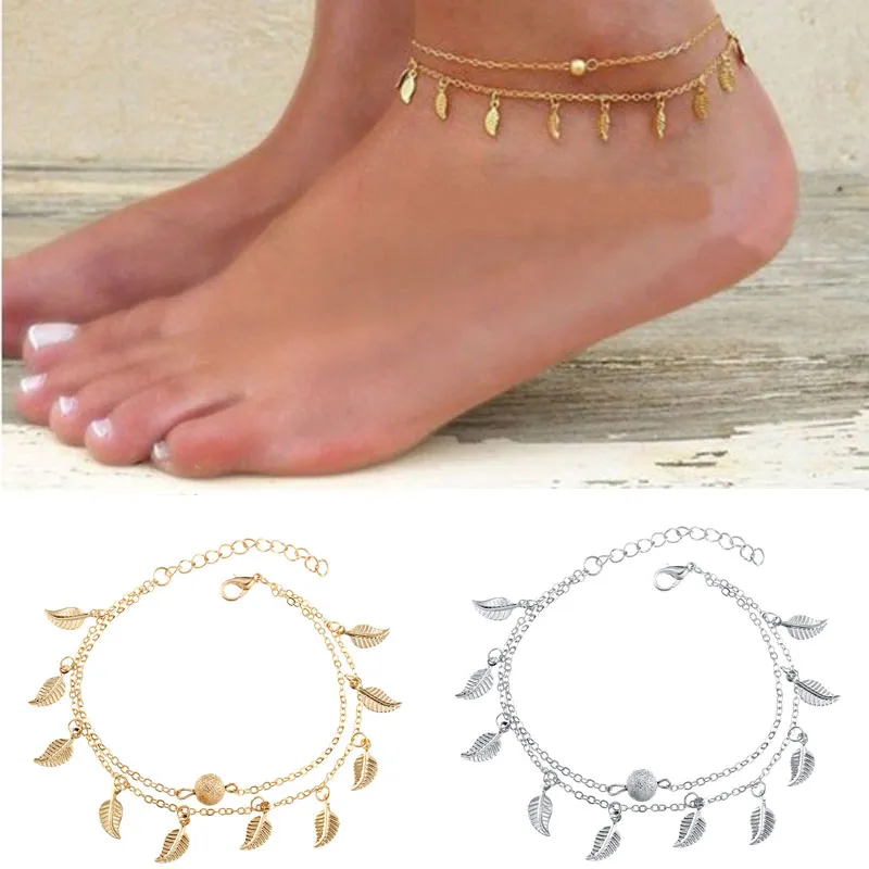 Leaf Charm Anklets Real Фотографии цепные лодыжки браслет мода 18K золотой сплав браслеты ножной ювелирных изделий