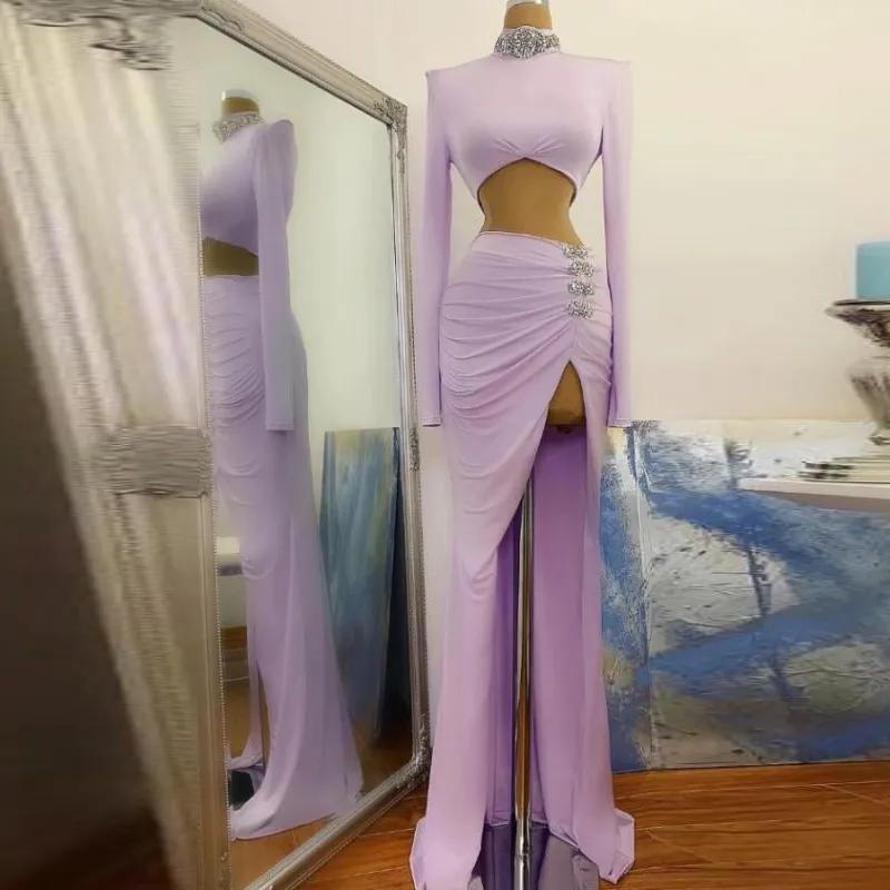 Seksi Vestido De Noiva Yan Yarık Balo Elbise Mermaid 2 Parça Uzun Kollu Boncuk Kristal Yüksek Boyun Ünlü Akşam Parti Abiye