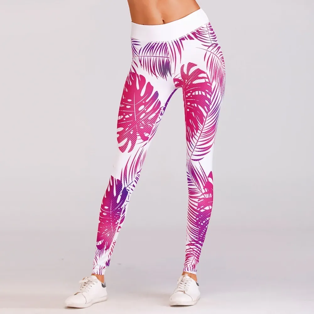 Leggings lunghi skinny stampati digitali con motivo a foglie sexy per leggings sportivi push-up in poliestere rosa da donna 201203