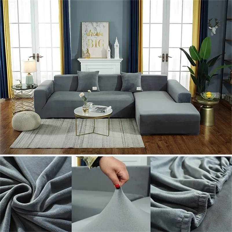 Густой бархатный эластичный сплошной цветной диван крышки для гостиной, устойчивый к скользянию Держите теплый растягивающую L-образную диван