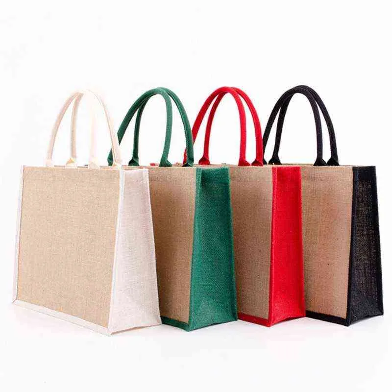 NXY Shopping Väskor Återanvändbar Jute Tote Bag Eco Friendly Burlap Grocery Perfect Burlap Presentväska till stranden 220128