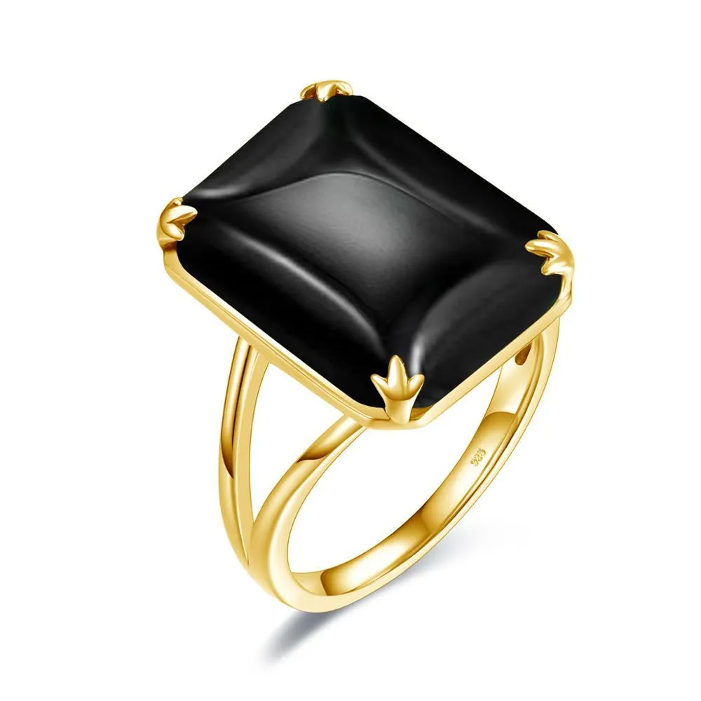 Luxo Anel de Ouro para Mulheres Real 925 Sterling Prata Gemstones Black Onyx Handmade Design Undefined Trendy Fine Jewelery Único B1205