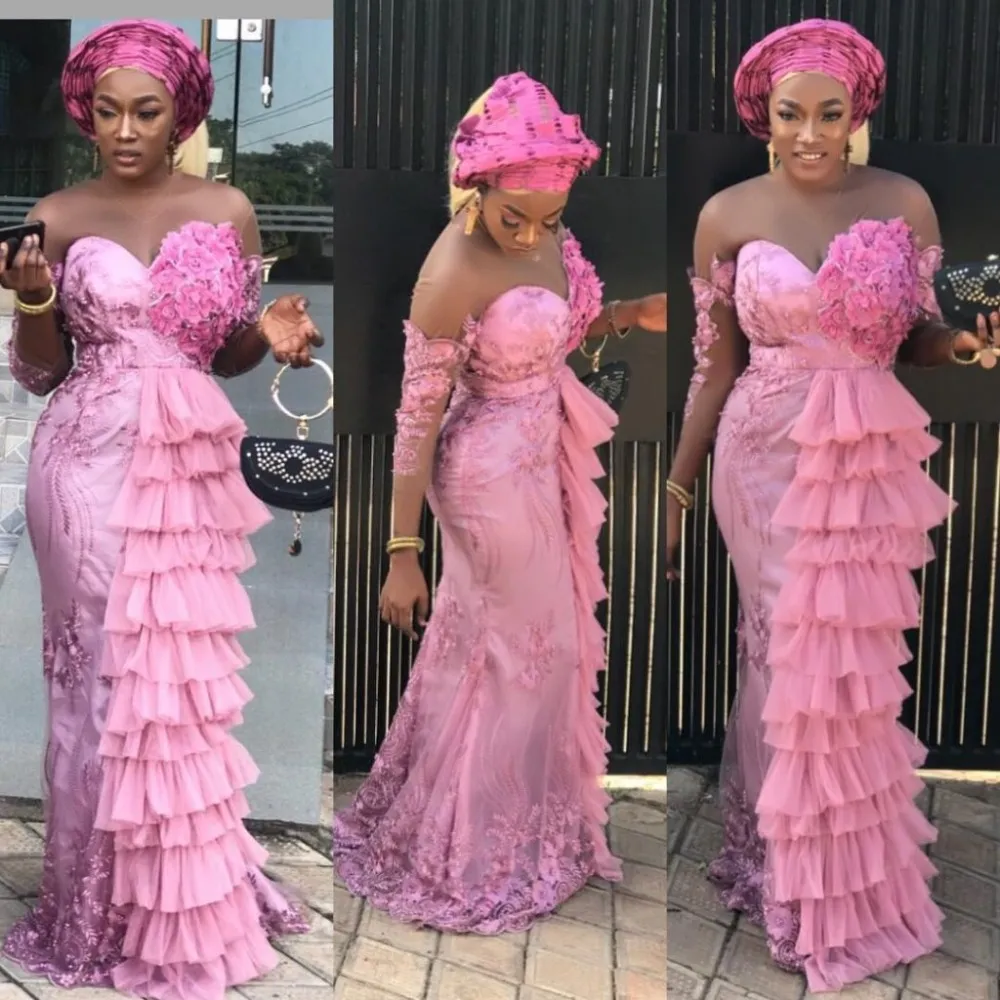 2020 Nigerian Różowy Prom Dresses Kwiatowy Long Sleeve Illusion Suknie Wieczorowe Wielopiętrowe Prom Dress Party Custom Vestidos de Fiesta Baljurken