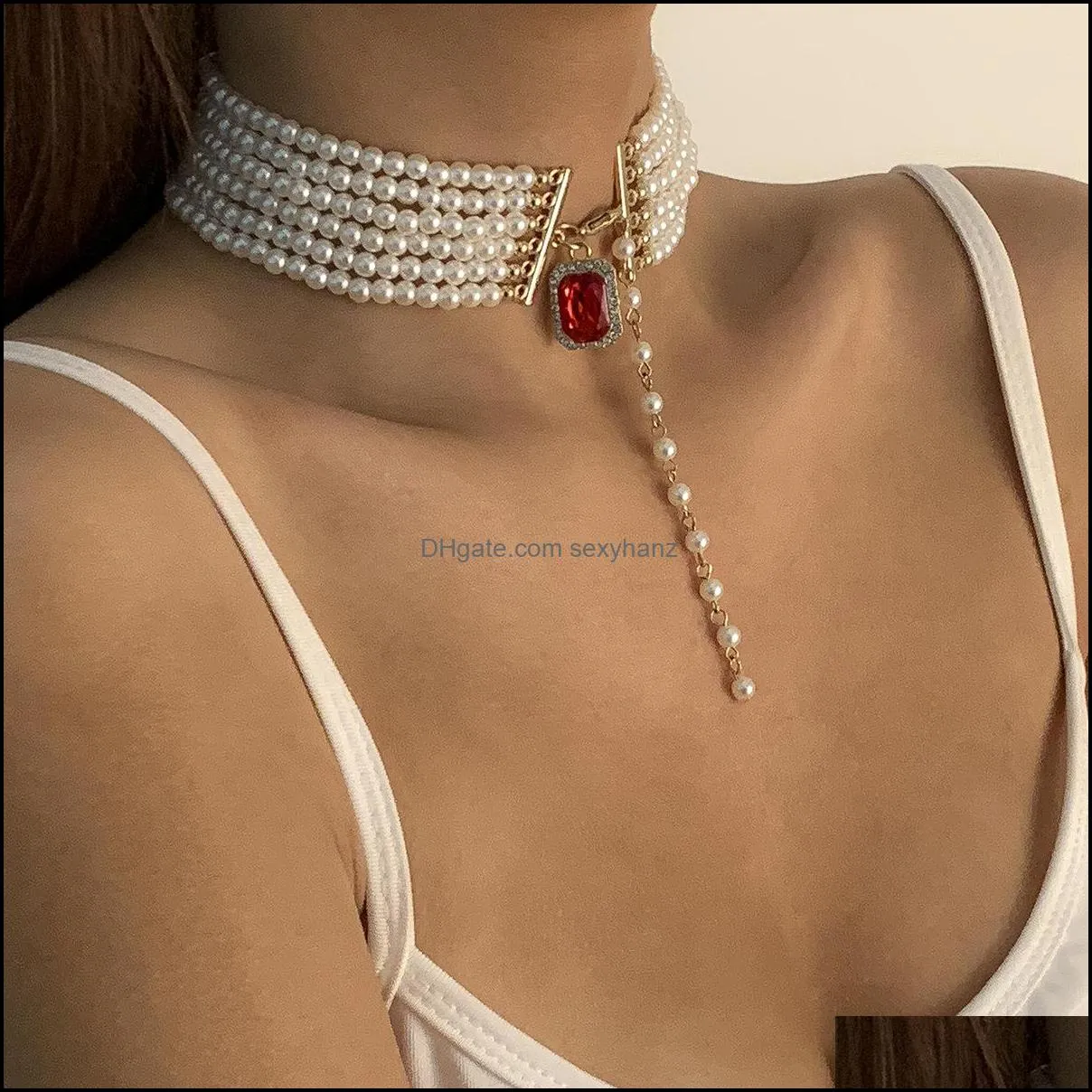 Fashion Multilayer Imitation Pearl Choker Necklace Women Collares Wedding Luxury Red Rhinestone Pendant Necklace Charm Jewelry