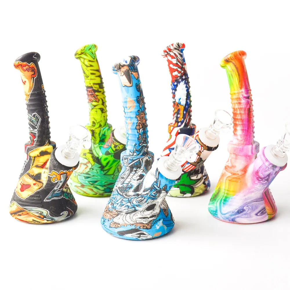 Smoke pipes Silicone Bong 6.5" Silicone Water Pipe Hookahs with 14mm glass bowl joint Downstem dab oil rig recycler bubbler for smoking