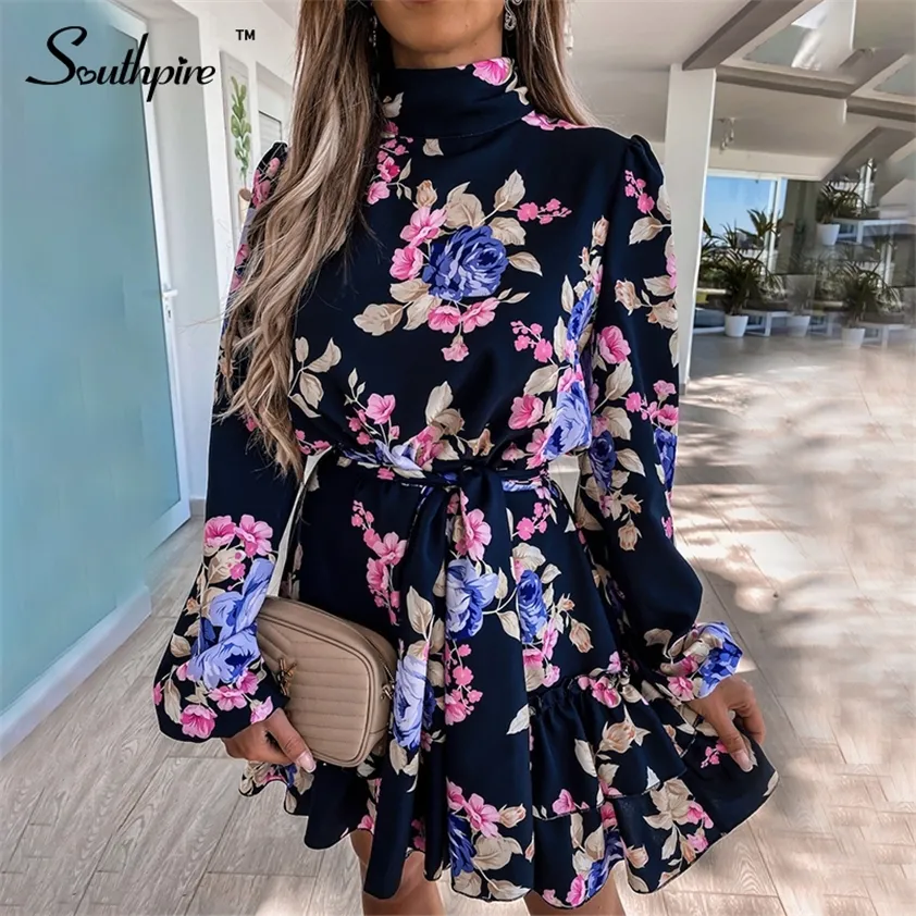 Southpire Navy Floral Print Loose Style Mini Dres Långärm High Neck Party Ladies Day Casual Clothing Spring 220215