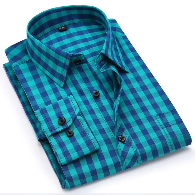 Youthful Vitality Men's Stylish Checkered Plaid Pattern Shirts Patch Chest Pocket Casual Standard-Fit Long Sleeve Cotton Shirt C1210