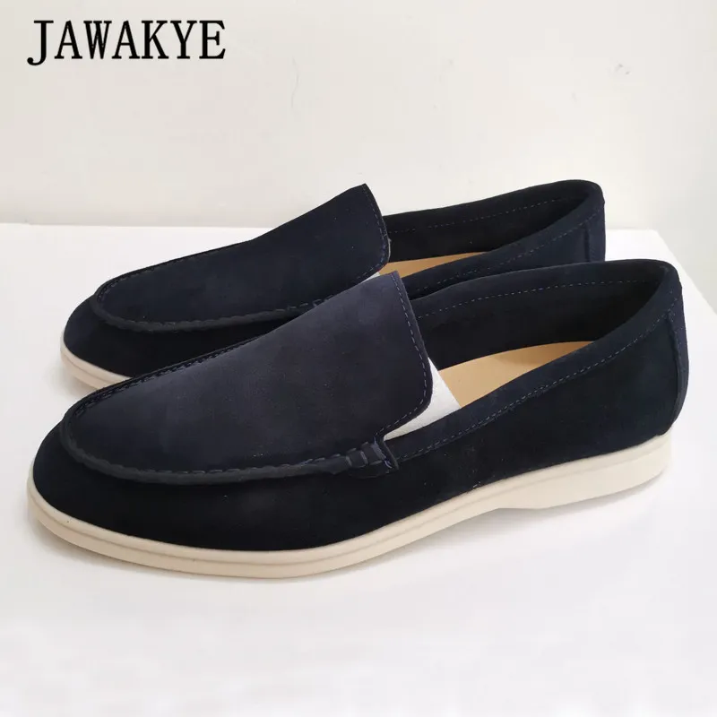 JAWAKYE Men Real Leather Nude Suede Flat Casual Shoes Round Toe Slip On Penny Loafers Comfortable Open Walk Shoes Multicolor LJ201015