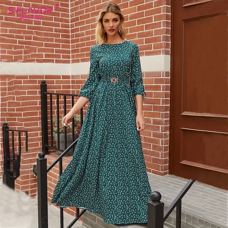 S.FLAVOR Autumn Winter Women Floral Printed Long Dresses Elegant 3/4 Sleeve Boho Maxi Vestidos Femme Casual Bohemion Women Dress 201029