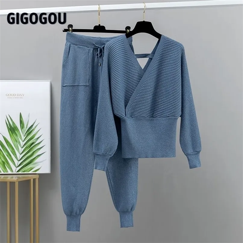 Gigogou bling 2 peça camisola tracksuits mulheres harrem calças + duplo v pescoço pulôver conjunto outono inverno roupas de malha 220315