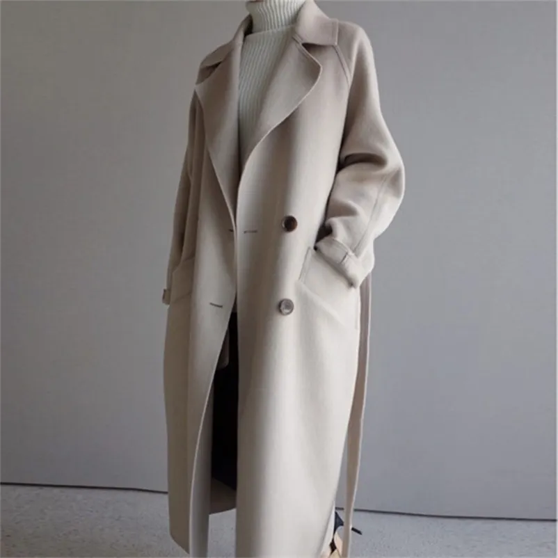 Winter Beige Elegant Wool Blend Vrouwen Koreaanse Mode Zwart Lange Jassen Vintage Minimalistische Wollen Overjas Kameel Oversize Uitloper 201217