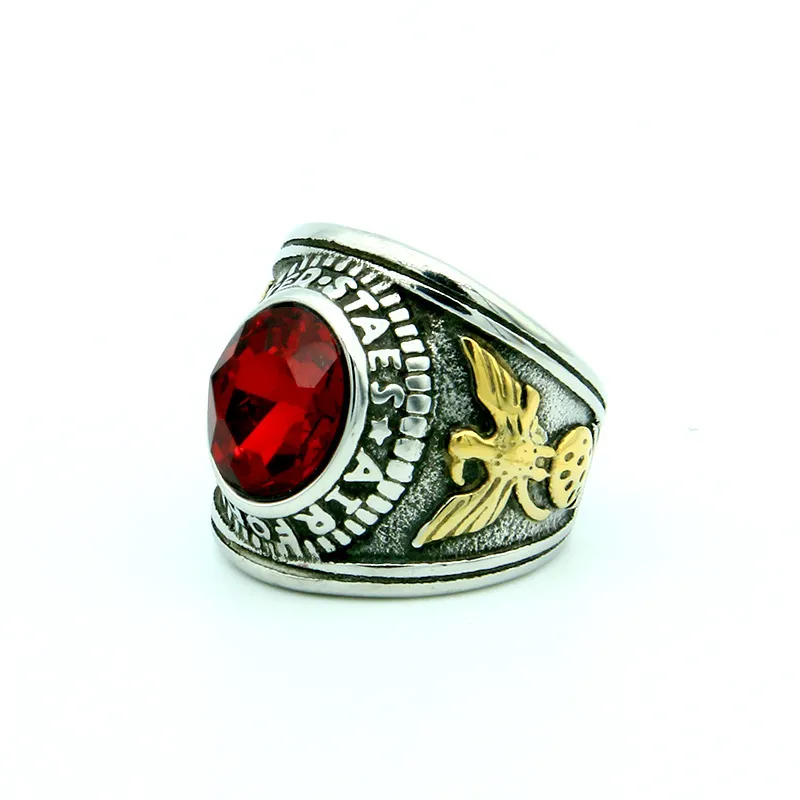 Vintage zwarte officieren Verenigde Staten US Air Force Ring roestvrij staal zilvergoud retro antieke heren Amerikaanse soldaten militaire adelaar ringen robijnrode steenjuwelen ruby rode stenen sieraden