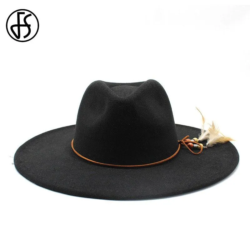 Wide Brim Hats FS British Style Winter 9.5CM Hat Solid Big Wool Black Fedoras Cap Men Women Panama Jazz Sombreros De Hombre