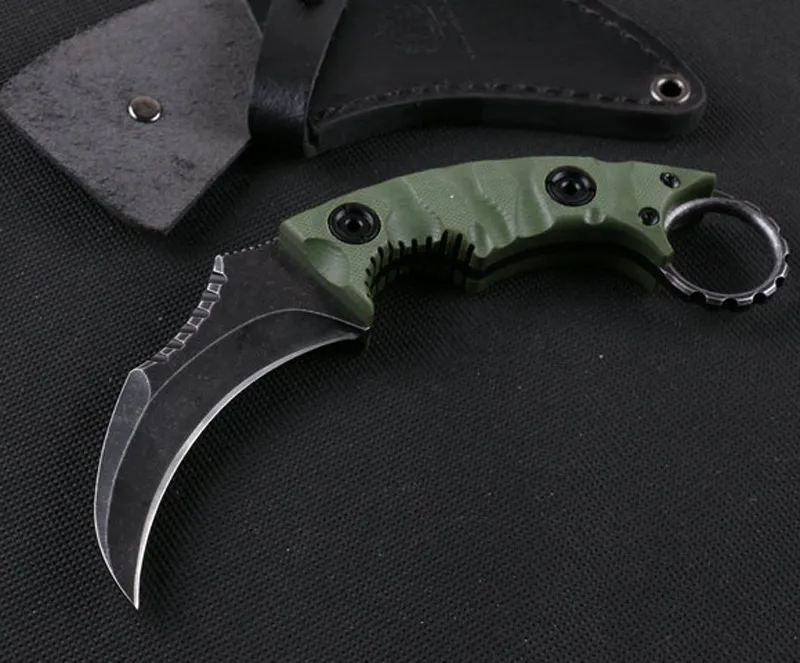 High Quality Fixed Blade Karambit Outdoor Tactical Claw knife D2 Satin Blade Full Tang G10 Handle With Leather Sheath