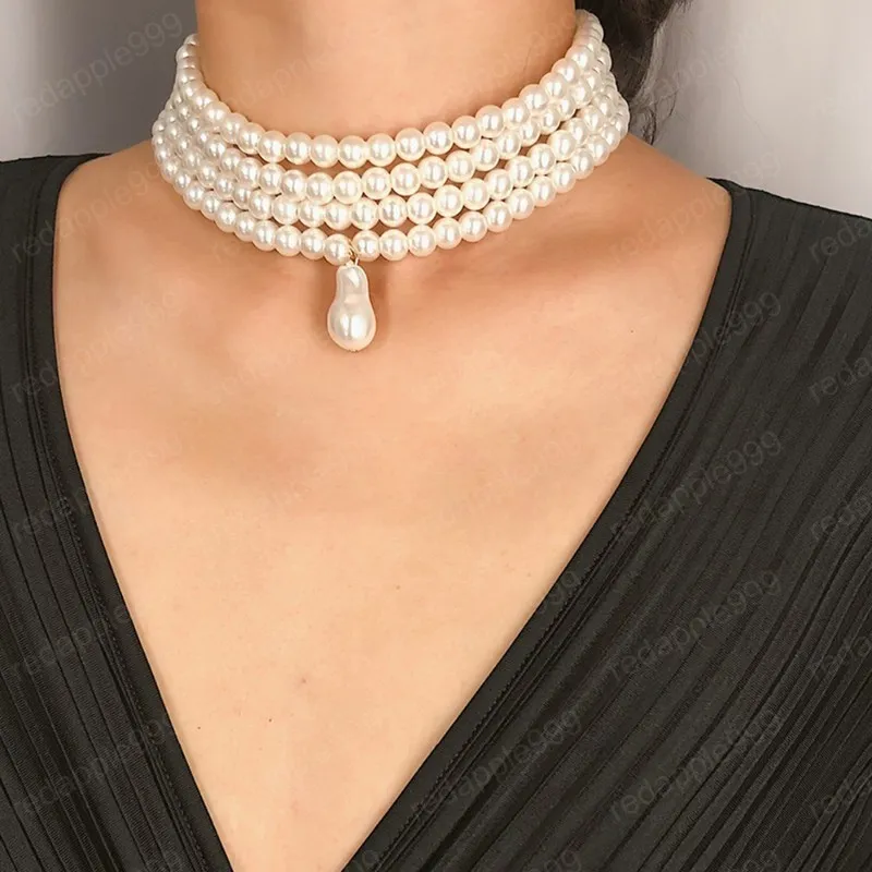 Gorgeous Multilayers Imitation Pearl Choker Necklaces for Women Jewelry Irregular Pearls Pendant Wedding Necklace