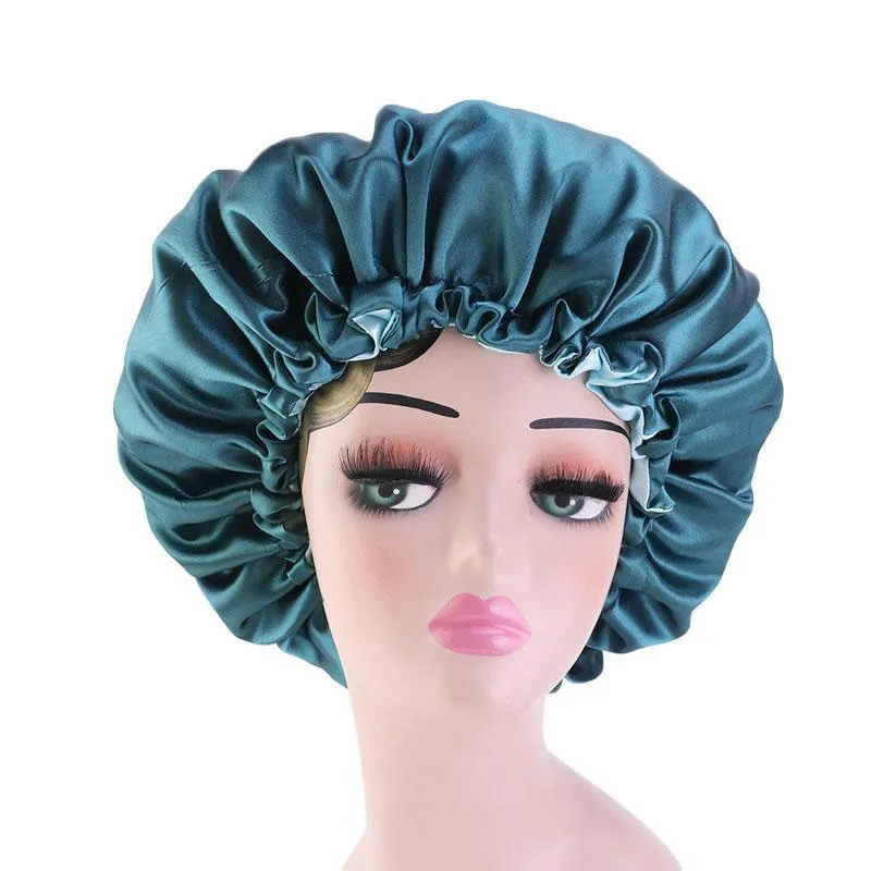 Top vente personnalisé beauté des cheveux des femmes grand Satin Double couche épais capot Bonnet avec cordon de serrage pour bonnet de couchage doux couleur unie