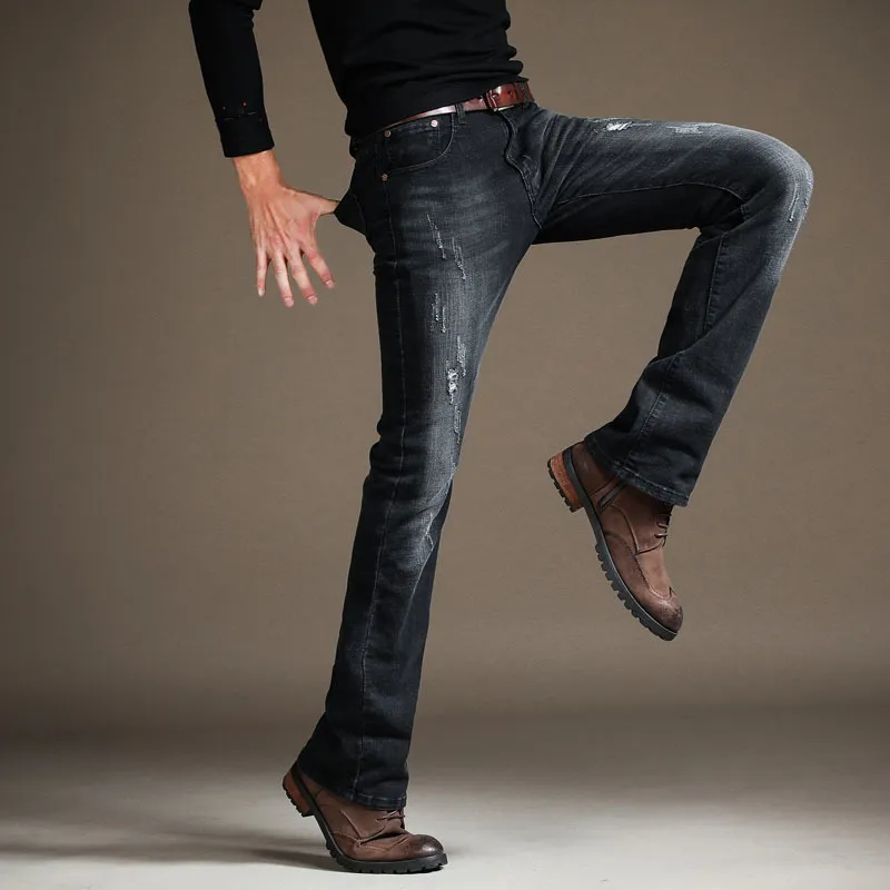 Slim Fit Semi Flared Black Bootcut Jeans For Men With Ripped Mid Waist And  Elastic Fit Perfect For Business And Casual Wear In Four Seasons Black Bell  Bottom Style 201111 From Bai02