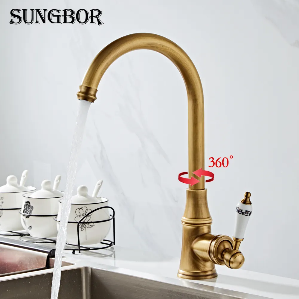 Luxury Antique Brushed Kitchen Faucet Porcelain Handle, 360 Swivel Spout, CF 9098F T200710. From