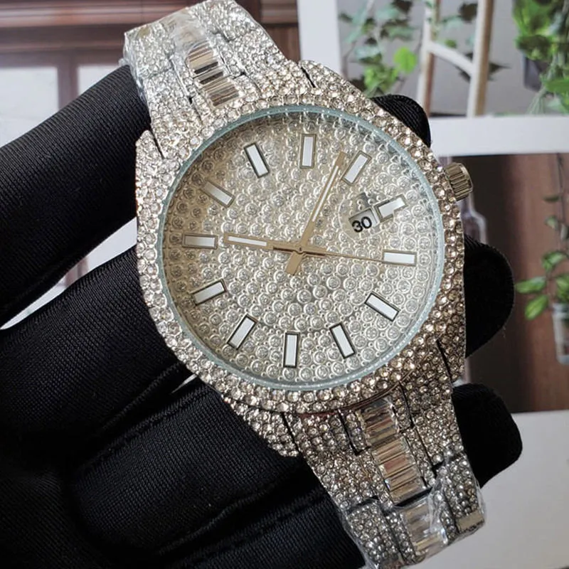 Orologio da uomo di moda di lusso con diamanti, calendario in oro rosa, bracciale in oro, chiusura pieghevole, orologi da uomo firmati